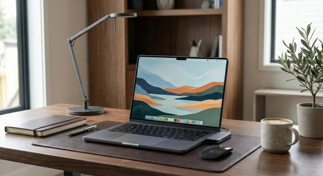 Een georganiseerde werkplek met een MacBook Pro, zwarte muis en bureau-accessoires, ter illustratie van de 10 handigste MacBook-sneltoetsen van Mastersøn.