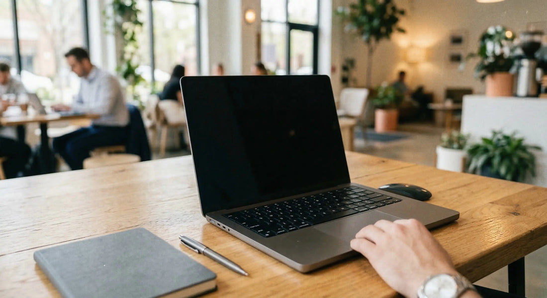 Zijaanzicht van een laptop met een Mastersøn privacy scherm in een moderne werkomgeving, waarbij het filter het beeldscherm zwart kleurt tegen inkijk.