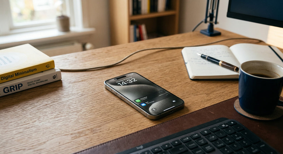 5 verborgen iPhone hacks getoond op een smartphone in een minimalistische bureau-opstelling