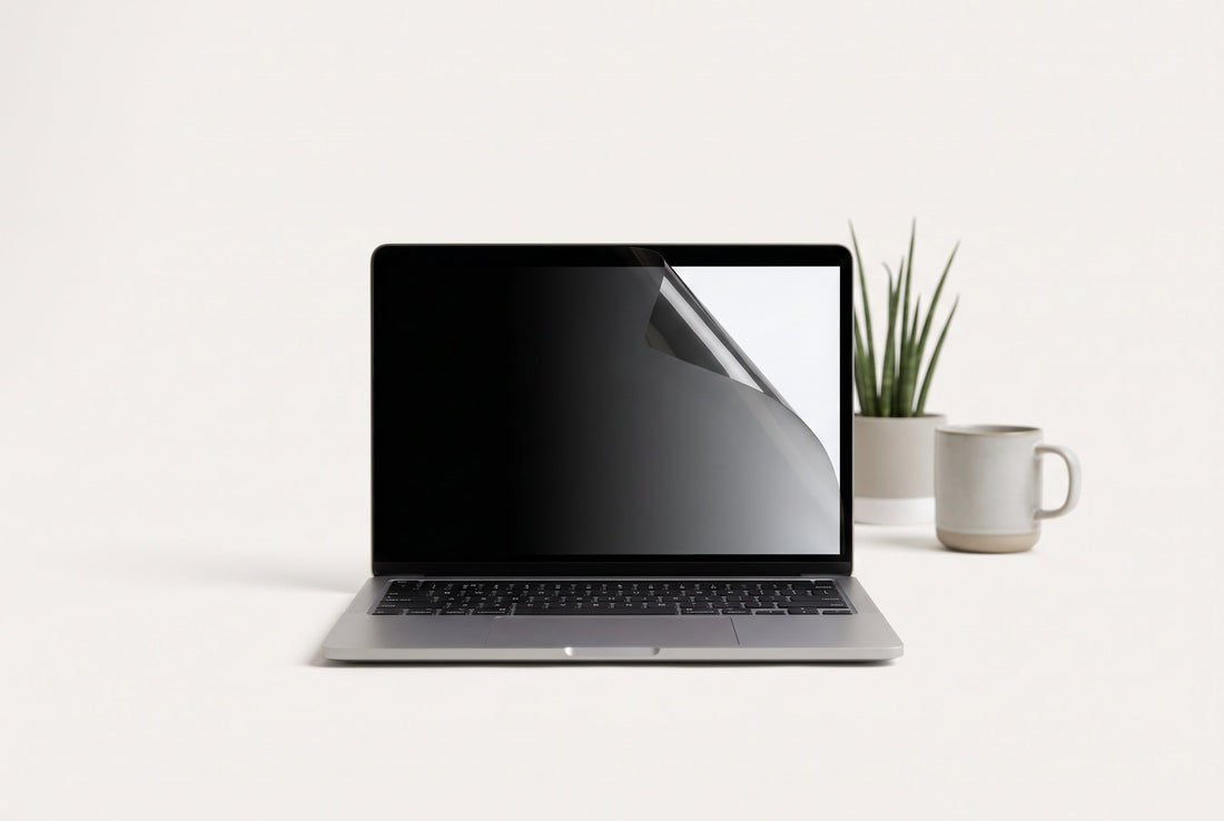 Persoon werkt op een MacBook in een trein terwijl het scherm van opzij verduisterd oogt