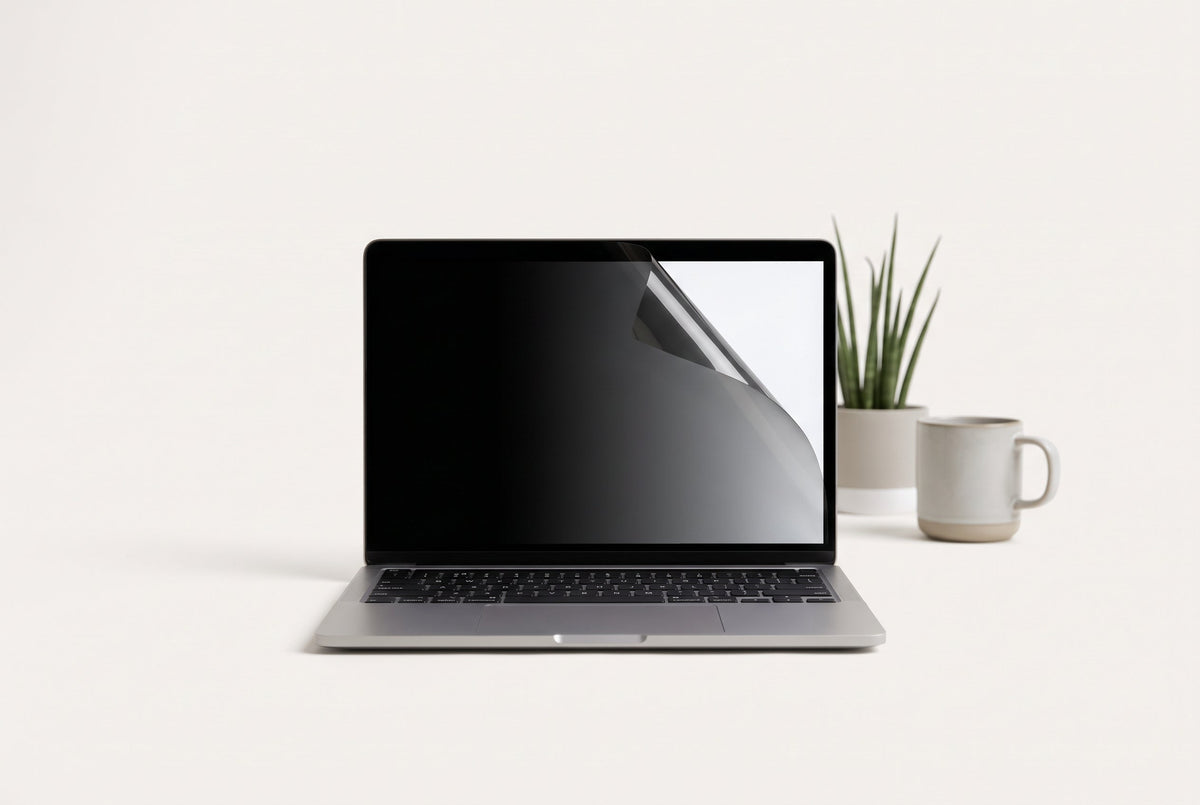 Persoon werkt op een MacBook in een trein terwijl het scherm van opzij verduisterd oogt