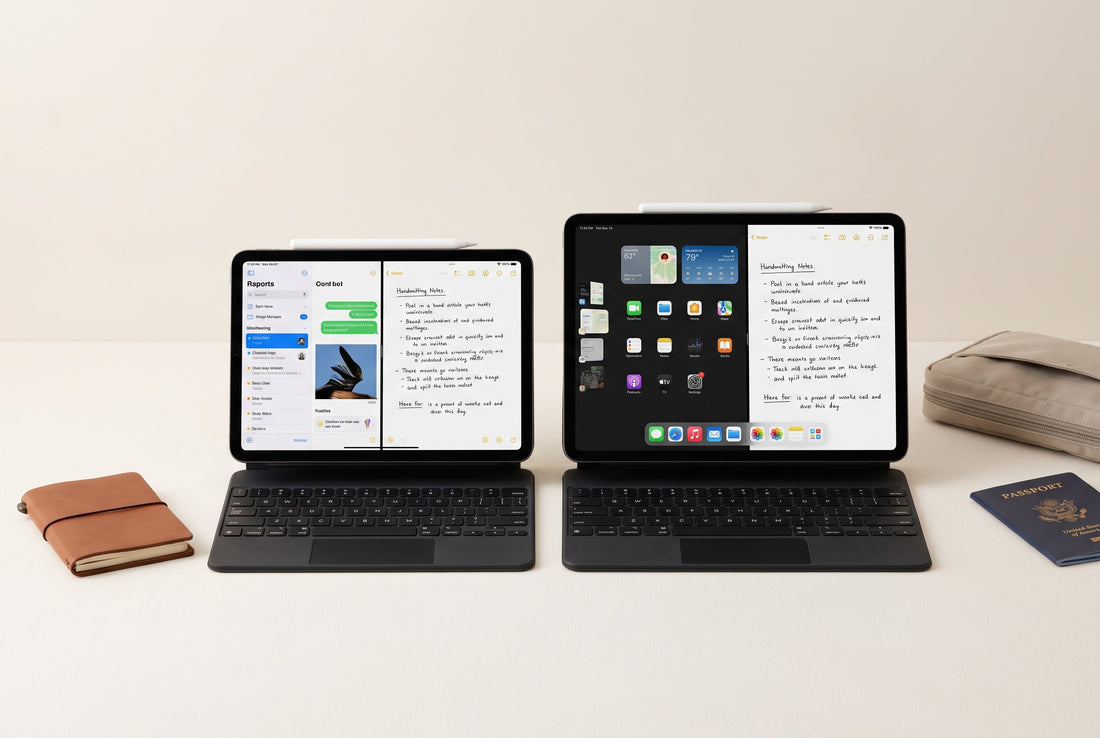 Twee iPad Pro-modellen naast elkaar op bureau met notities en toetsenbord