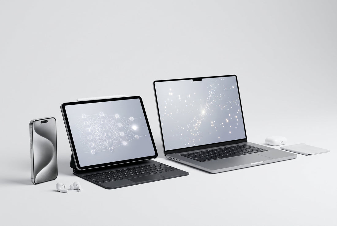 iPhone en MacBook op bureau met subtiele AI-interface op het scherm