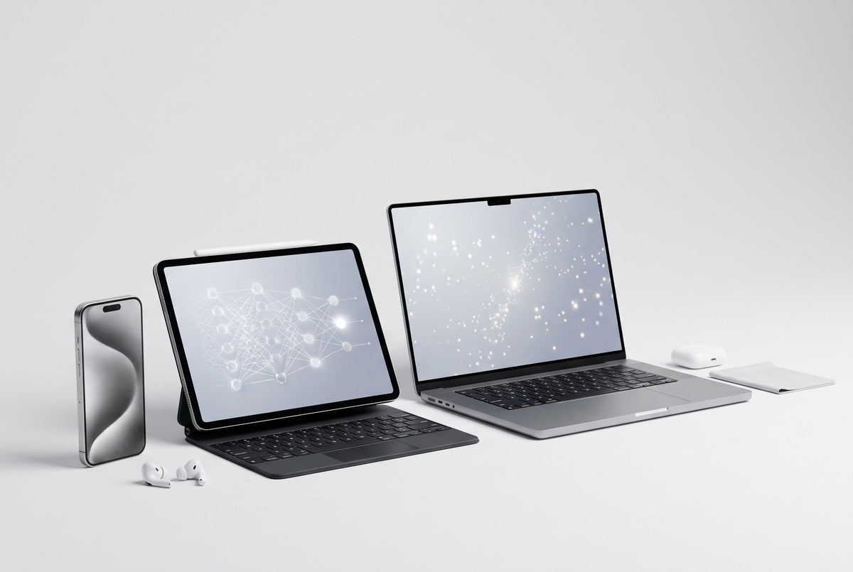 iPhone en MacBook op bureau met subtiele AI-interface op het scherm