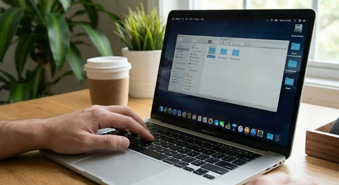 Een persoon die een screenshot maakt op een MacBook Pro met een geopend Finder-venster op een houten bureau – Mastersøn tips voor Apple-gebruikers.