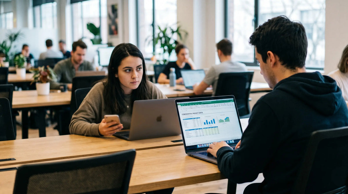 medewerkers van een kantoor, met een man achter zijn laptop en een vrouw achter haar macbook