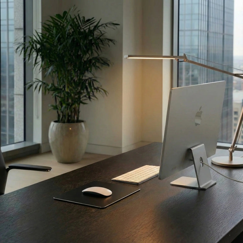 Mastersøn aluminium muismat zilver op bureau met iMac
