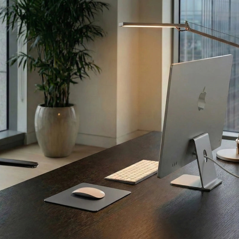 Aluminium muismat in sfeerbeeld met imac computer bureau