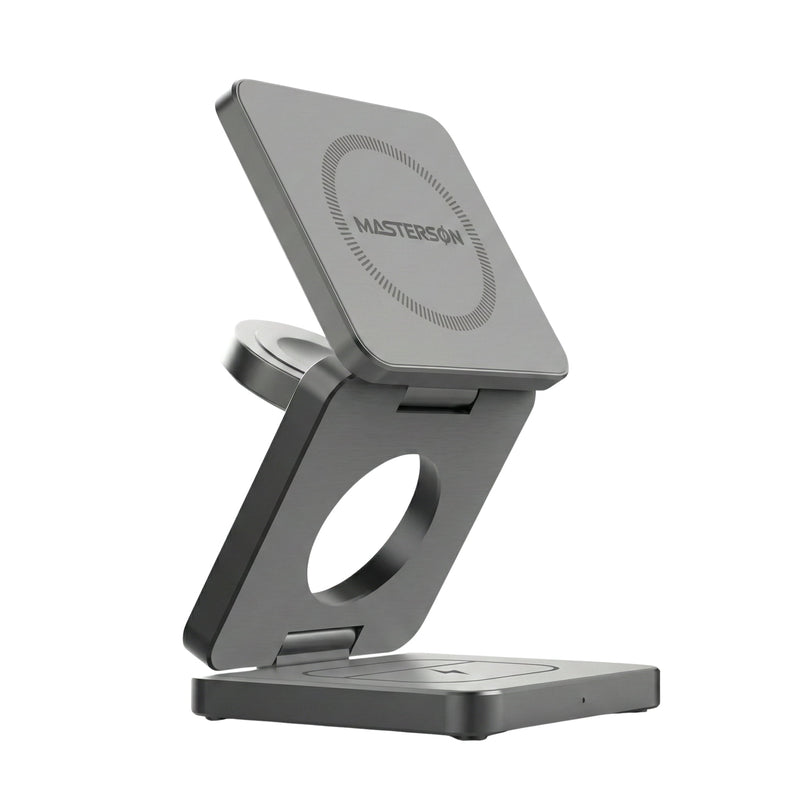 Mastersøn 3-in-1 magnetische draadloze oplader in stand-modus, zijaanzicht met iPhone en Watch lader zichtbaar - Magsafe