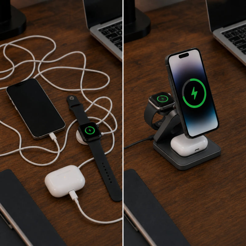 Masterson 3 in 1 lader voor en na het gebruik van de oplader