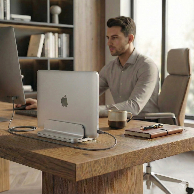 Verticale Laptop / Macbook Standaard - Houder tablet zilver sfeerbeeld bureau