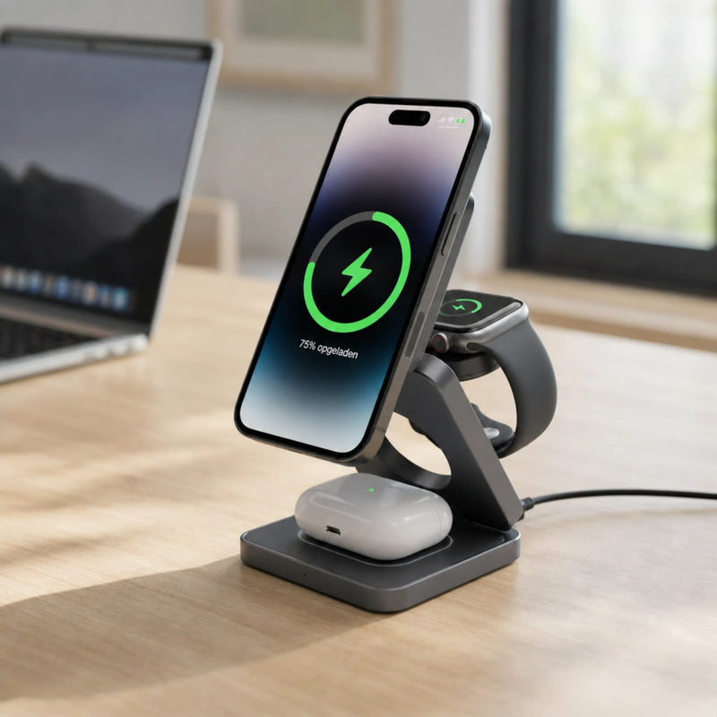Masterson 3 in 1 lader op een bureau met daarop een iphone, apple watch en airpods. Op de achtergrond staat een macbook
