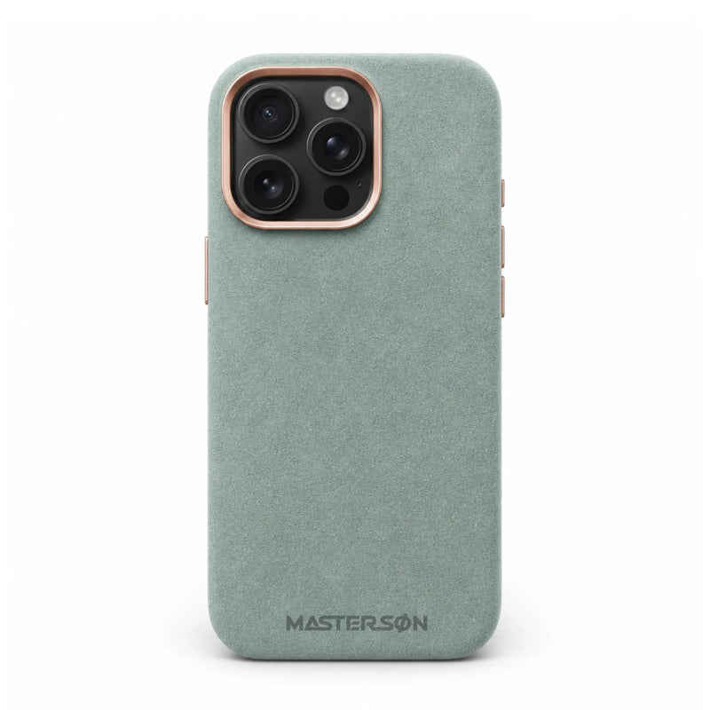 Mastersøn Alcantara iPhone 17 hoesje achteraanzicth Cyaan