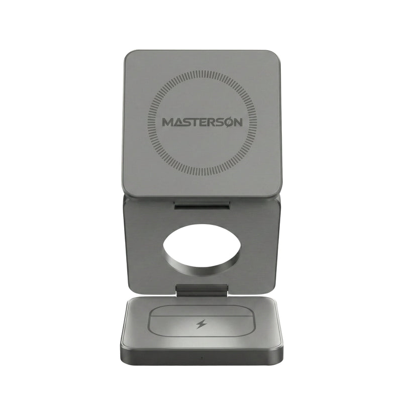 Vooraanzicht Mastersøn MagSafe lader met logo, toont telefoonhouder en oplaadvlak voor AirPods