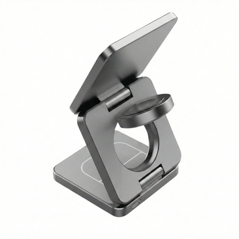 Achteraanzicht Mastersøn 3-in-1 lader, toont aluminium afwerking, stevige scharnieren en open ring design