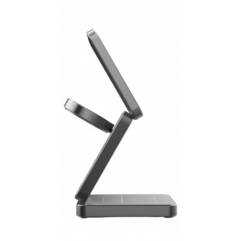 Zijaanzicht profiel Mastersøn magnetische lader, toont ergonomische kijkhoek en zwevend design voor iPhone