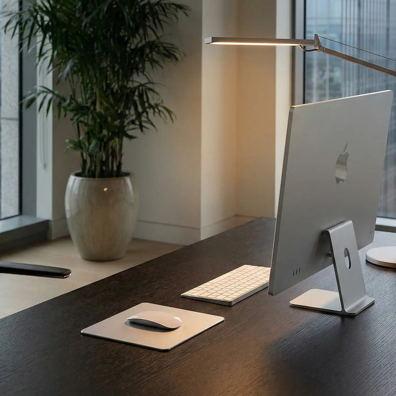 Mastersøn aluminium muismat zilver op bureau met iMac
