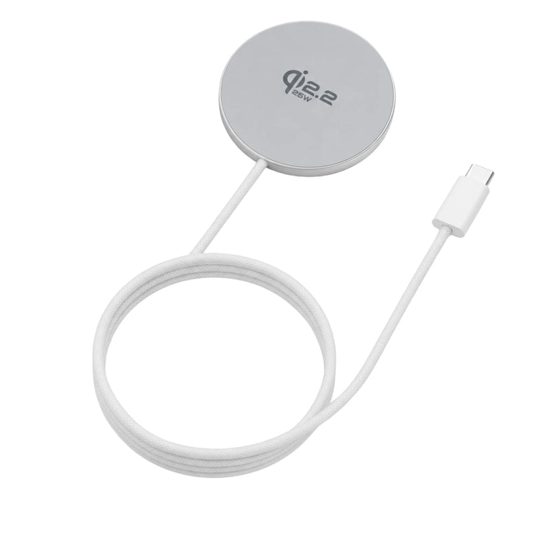 Mastersøn magnetische draadloze oplader 25W Qi2.2 snellader close-up met USB-C kabel