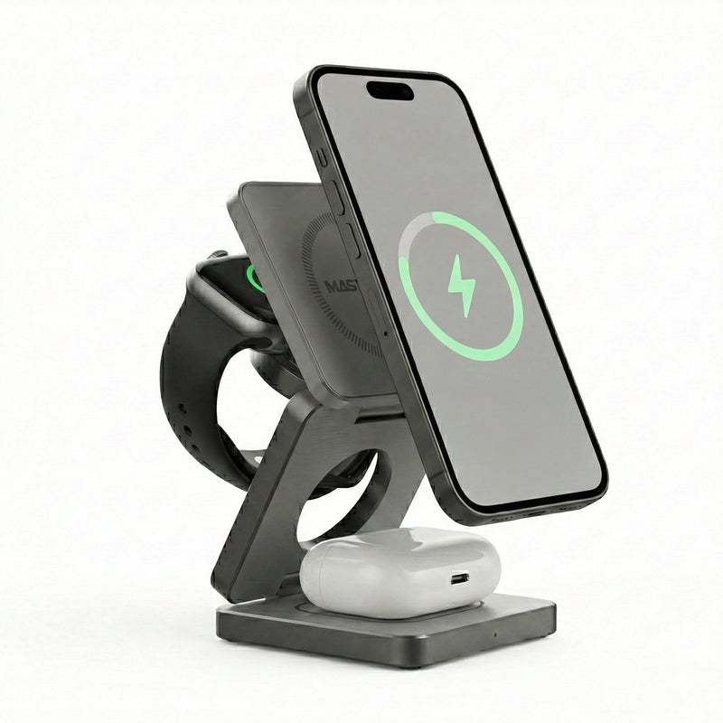 Mastersøn 3-in-1 magnetische draadloze oplader in stand-modus, zijaanzicht met iPhone en Watch lader zichtbaar - Magsafe - Qi2 - Sfeerbeeld