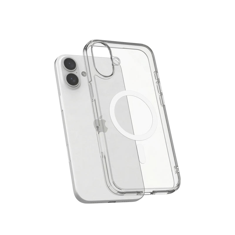 Zijaanzicht van een transparant iPhone 17 hoesje met precieze uitsparingen voor de knoppen.