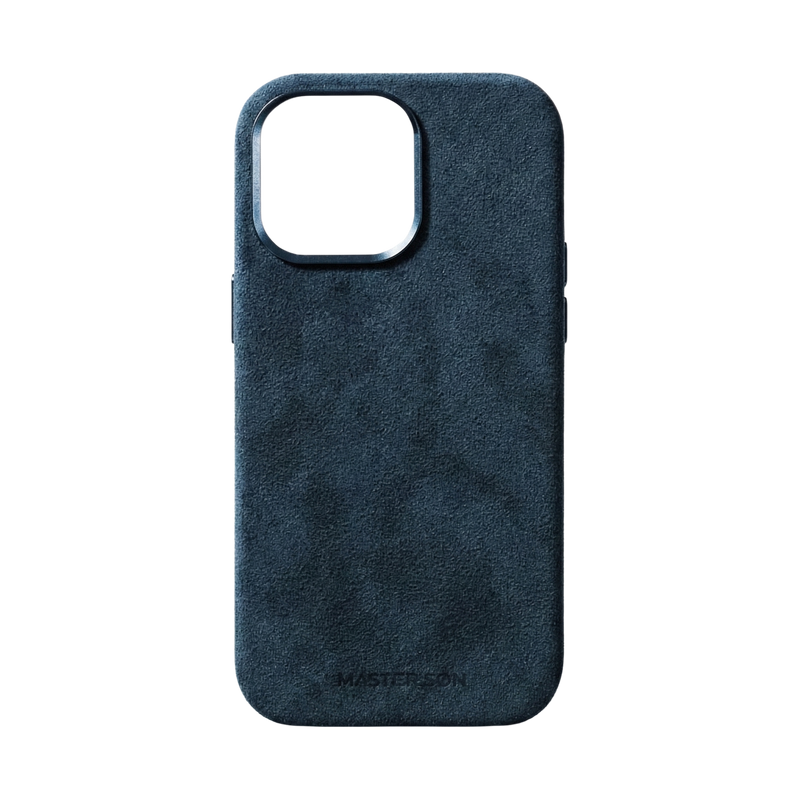Mastersøn Alcantara iPhone 16 hoesje vooraanzicht blauw