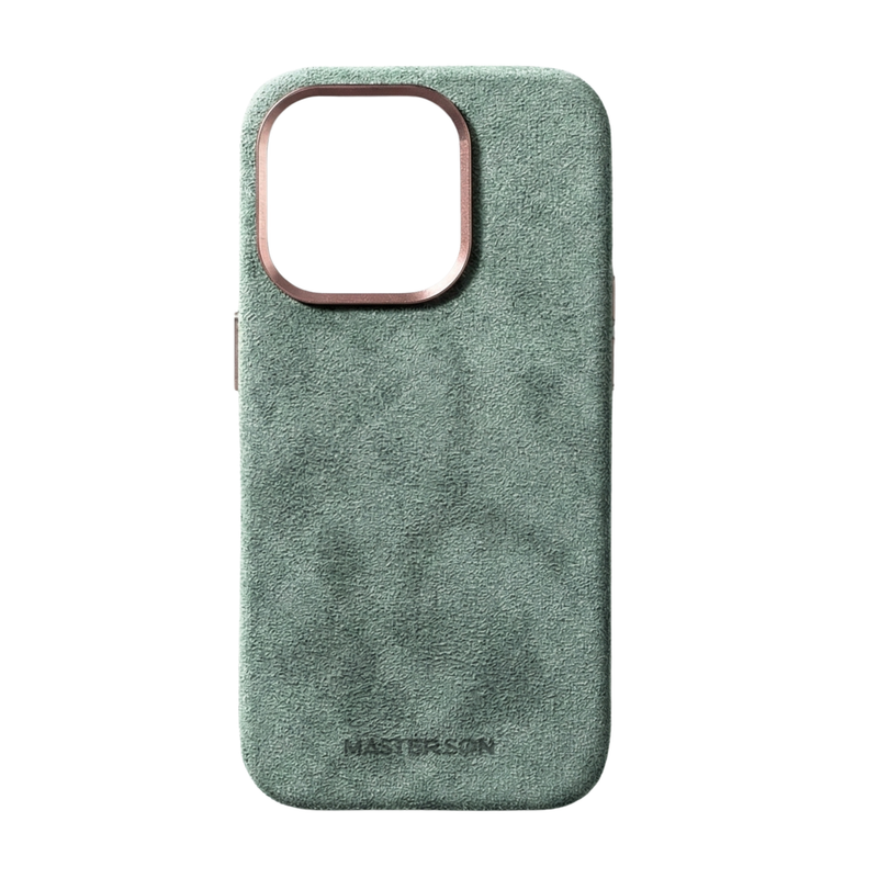 Mastersøn Alcantara iPhone 16 hoesje vooraanzicht cyaan