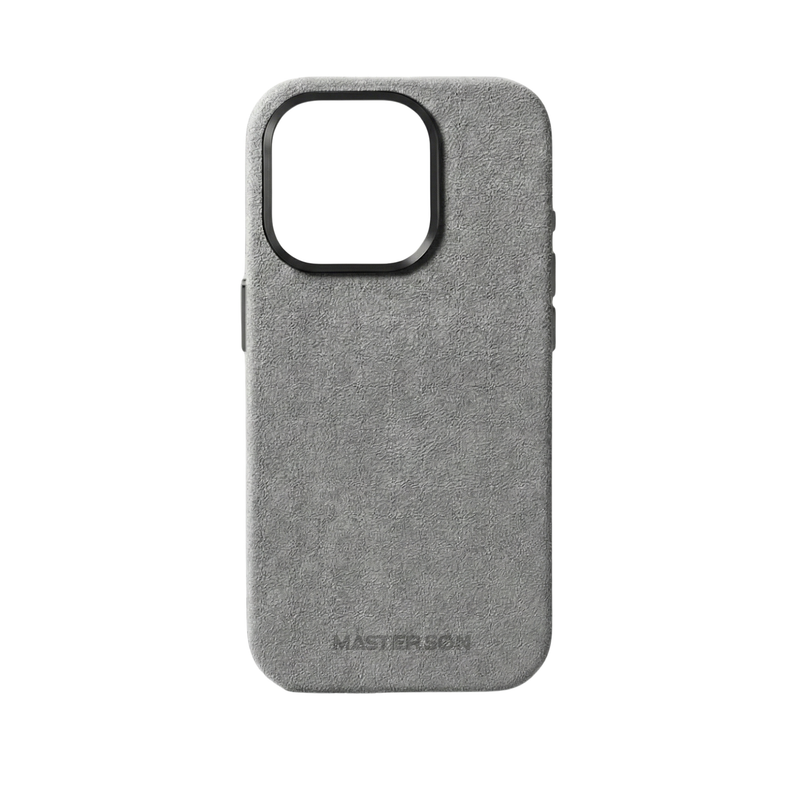 Mastersøn Alcantara iPhone 16 hoesje vooraanzicht grijs