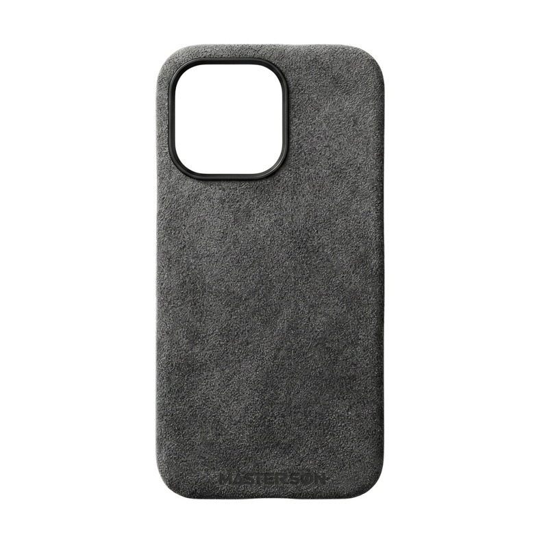 Mastersøn Alcantara iPhone 16 hoesje vooraanzicht zwart