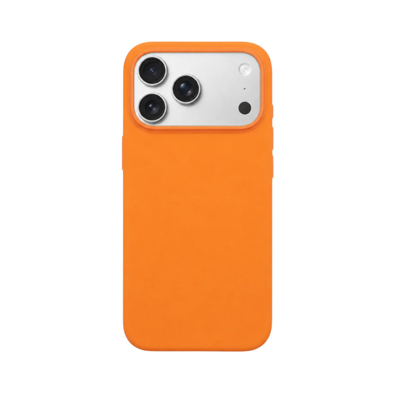 Premium oranje iPhone 17 Pro hoesje van Mastersøn voorzien van een zilveren aluminium accentrand
