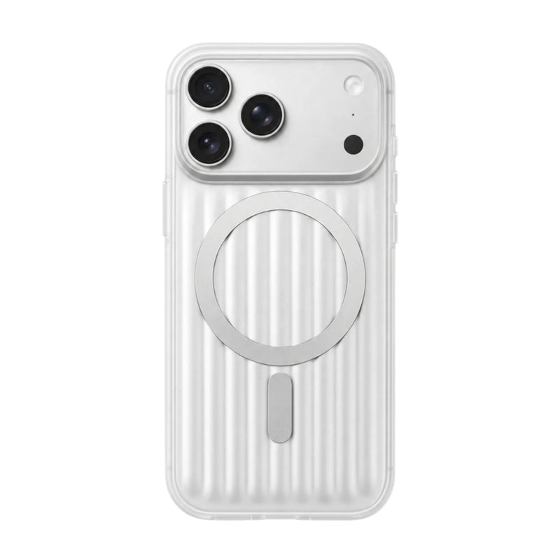 Mastersøn transparant wit iPhone 17 Pro Max hoesje met geribbelde textuur en zilveren MagSafe ring