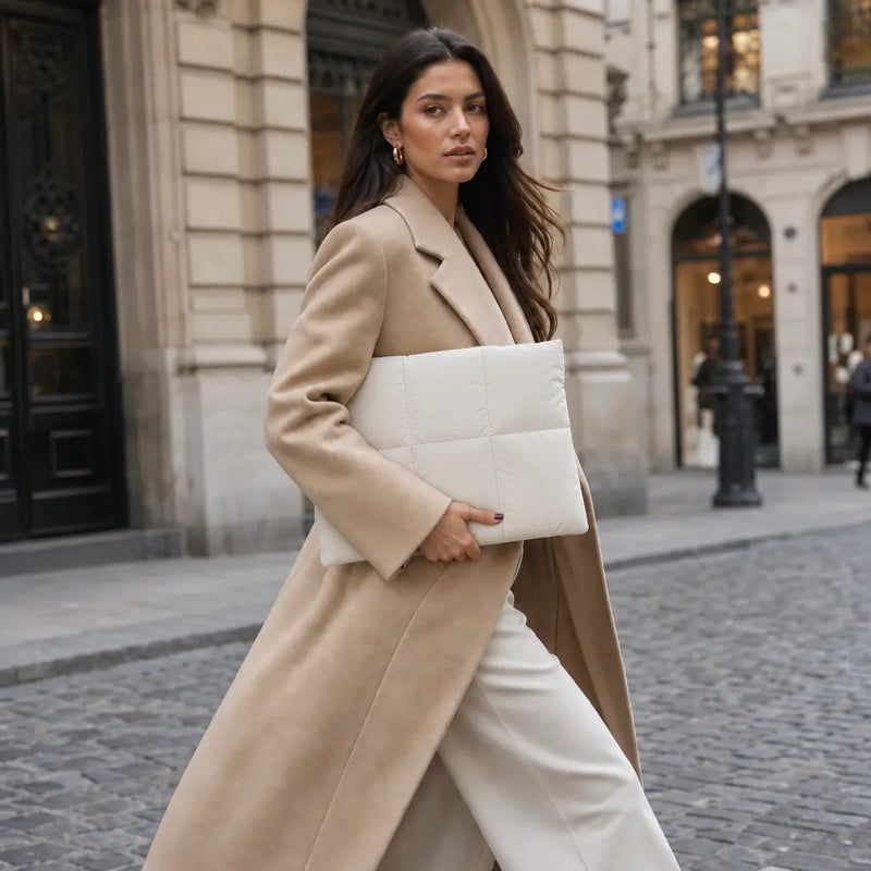 vrouw lopend door parijs met laptop sleeve