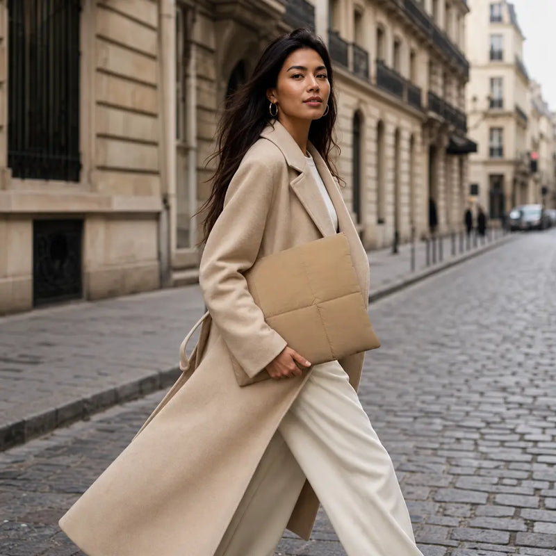 vrouw lopend in parijs met bruine puffy laptop sleeve