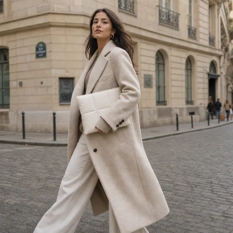 vrouw lopend met beige puffy laptopsleeve onder linkerarm